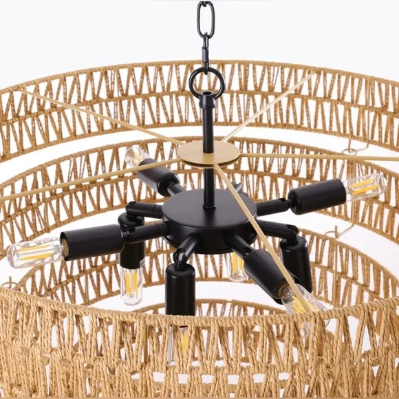 8-Light Dimmable Hand-Woven Rattan Tiered Chandelier - Picture 3 of 10